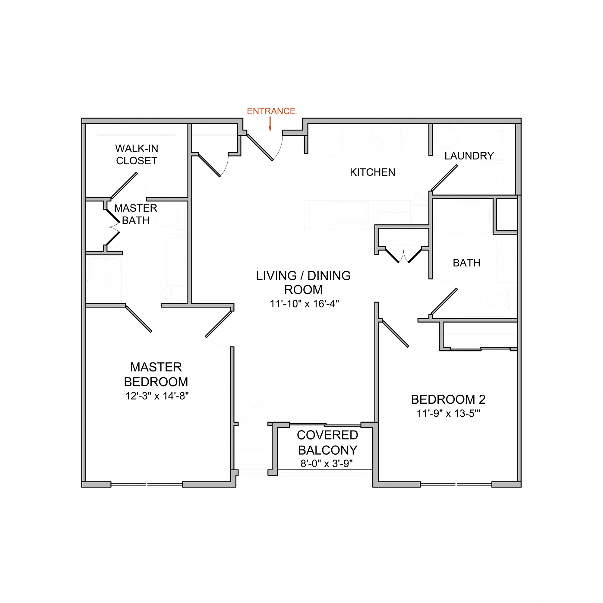 Floor plan for 2 beds, 2 baths, 1098 sqft